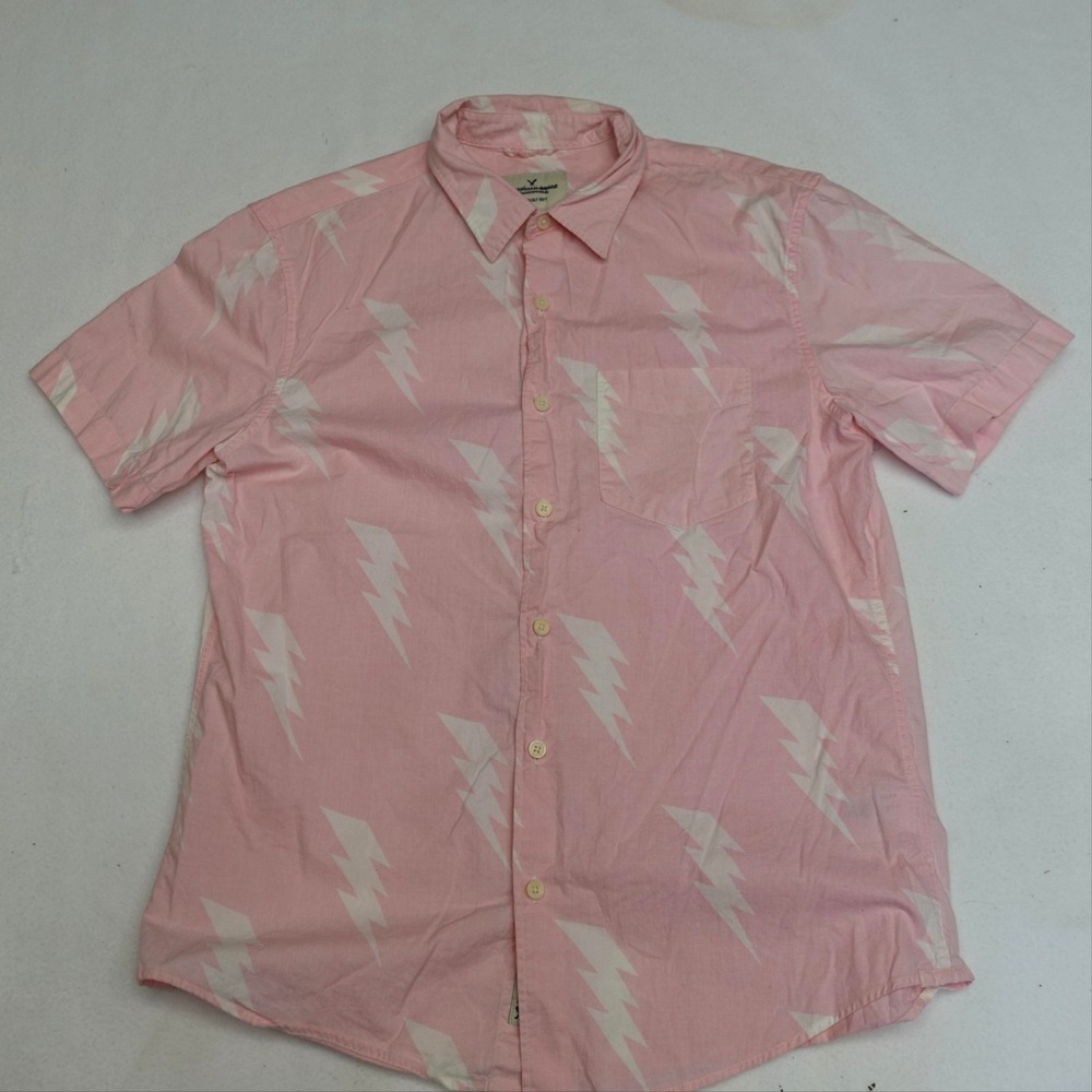 American Eagle Outfitters Shirt Mens Small Pink Lightning Short Sleeve Button Up